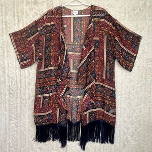 Lularoe Autumn Colors Kimono Black Fringe Geometric Boho